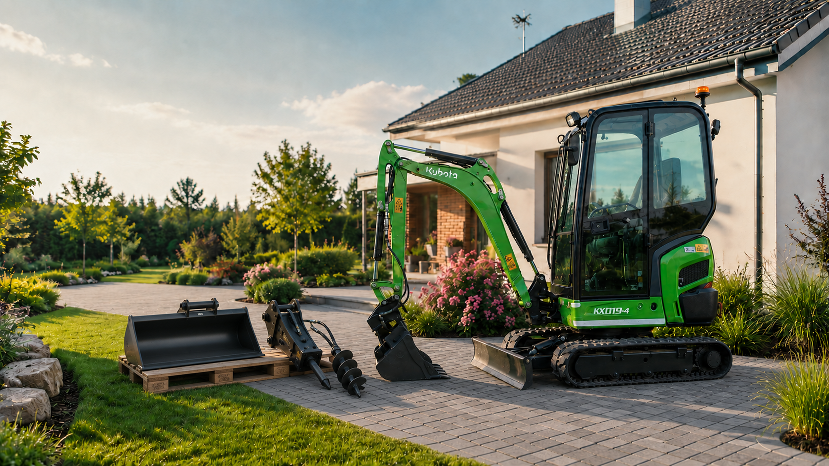 Zelený minibagr Kubota KX019-4 s výbavou na upravené zahradě u rodinného domu